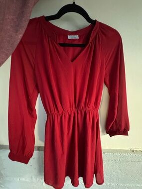 Tobi Red V-Neck Elastic Waist Long Sleeve Mini Dress